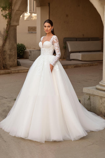 Ivory Long Sleeve Bridal Gown Dress With Appliques